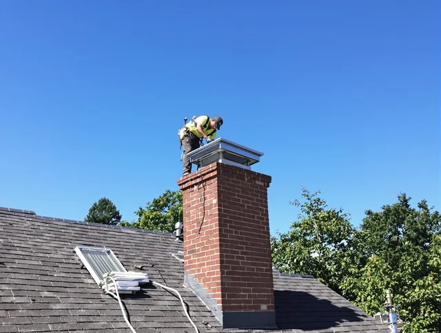 Northbridge Chimney Sweep technician measuring a chimney cap in Northbridge, MA