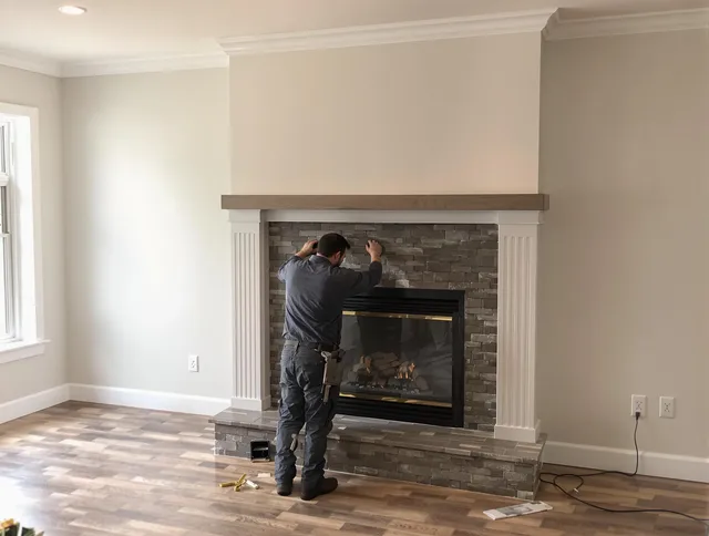 Northbridge Chimney Sweep finishing a custom fireplace install in Northbridge, MA